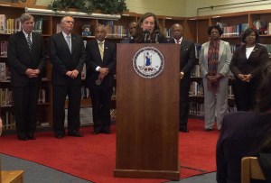 U.S. Sec. of Agriculture Tom Vilsack, Gov.  McAuliffe, and Rep. Bobby Scott watch as First Lady Dorothy McAuliffe  speaks at the announcement.